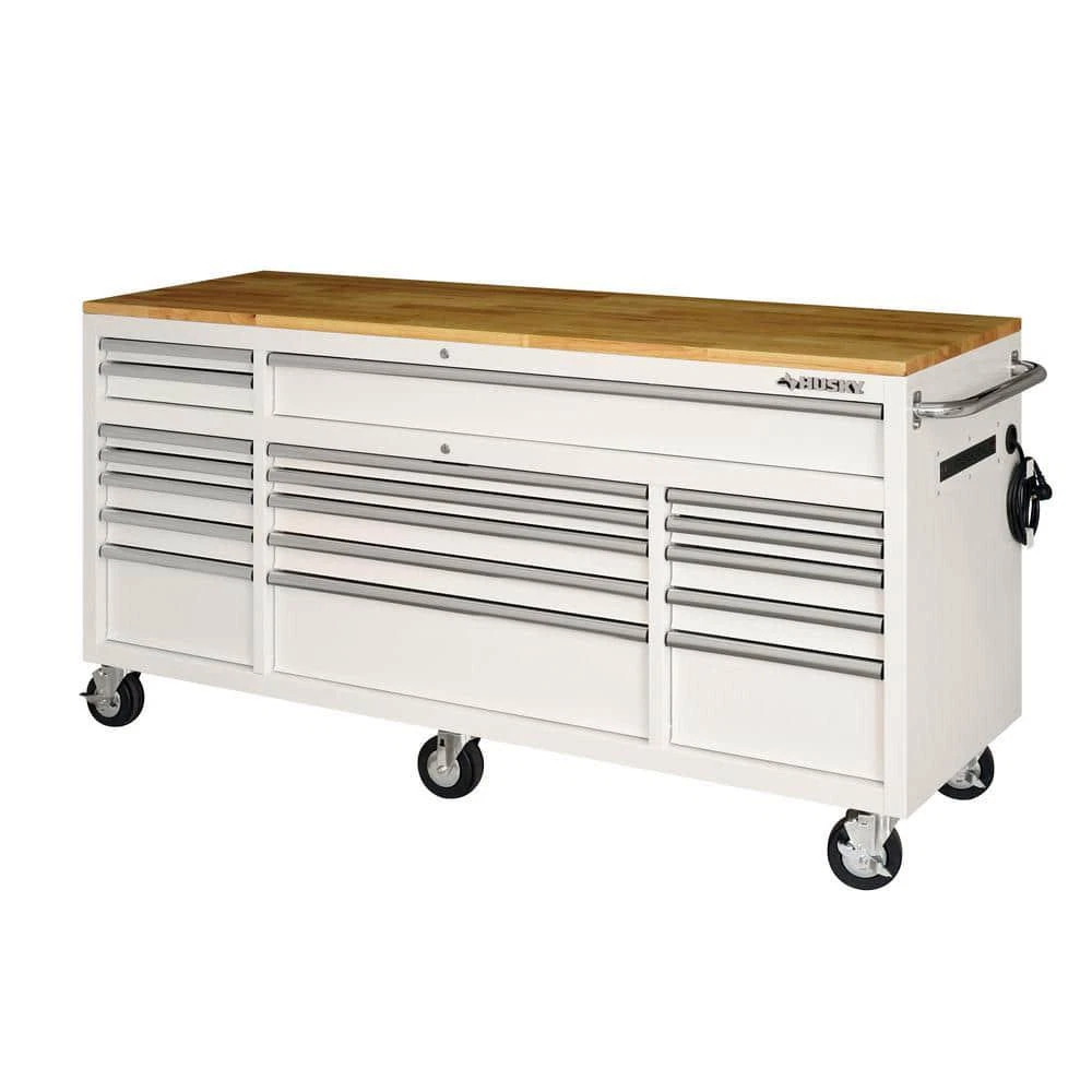 Husky Mobile Workbench Tool Chest 72 in. 18-Drawer Solid Wood Top Steel in  White