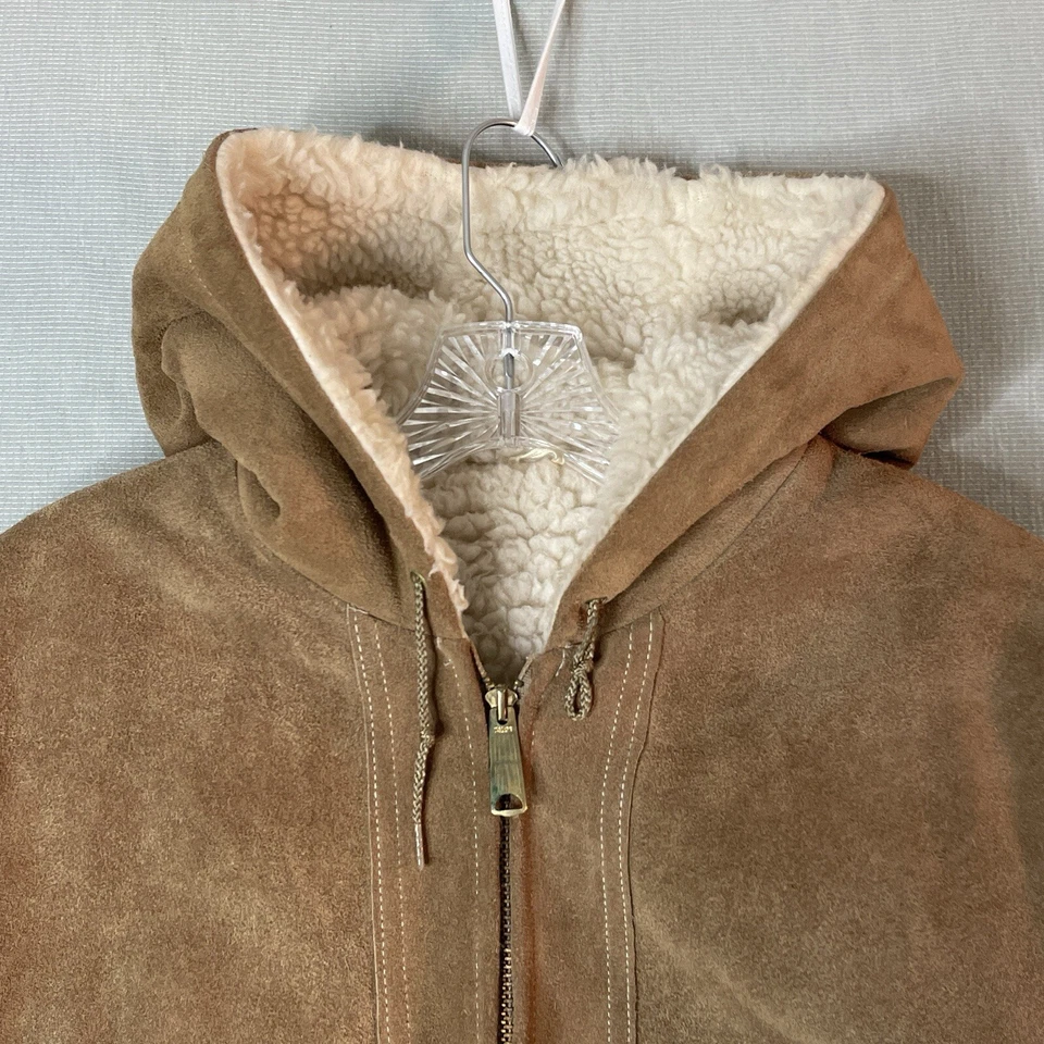Sears The Fashion Place Sears Suede Ranch Bomber Jacket Vtg Sz 16 Hooded Sherpa - Image 2 of 4