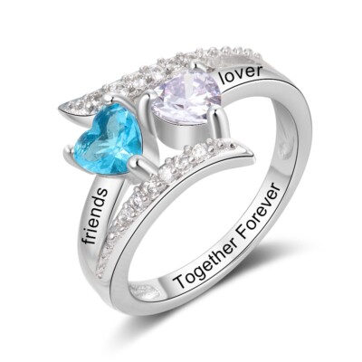 Engraved Mothers Day Ring 2 Heart Birthstones and 2 Names 925 Sterling Silver