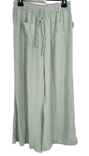 Dip women's S Linen blend Wide Leg Pant Mint drawstring solid pockets pull on