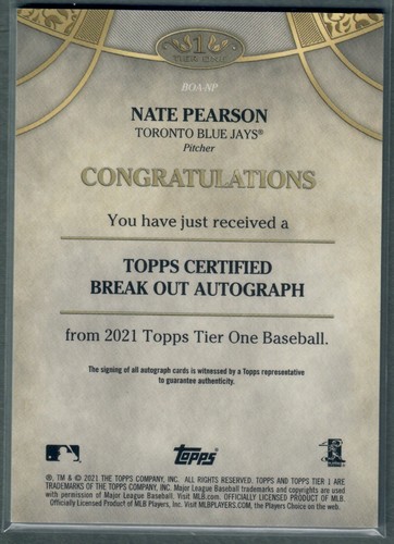 Tarjeta de novato Topps Tier Nate Pearson 2021 autógrafo automático Blue Jays SP de radiocontrol - Imagen 2 de 2