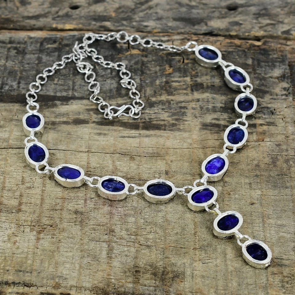 Zaffiro Blu Creato IN Laboratorio Gemma Elettroformati 925 Argento Collana - Immagine 4 di 4