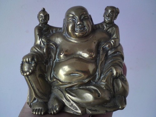 Chinese Budai Bronze Scroll Weight Maitreya Laughing Buddha with Boys Figures - Picture 20 of 22