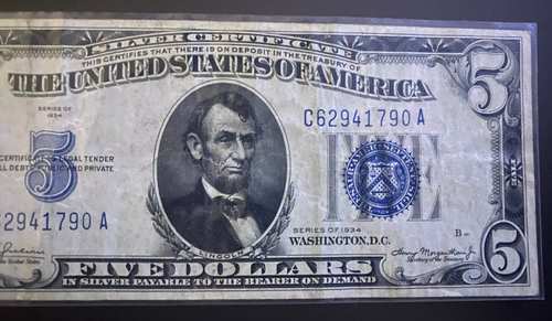 ** ERROR - MISALIGNED ** $5 1934 Silver Certificate ** PAPER CURRENCY (AU PLUS) - Picture 5 of 11