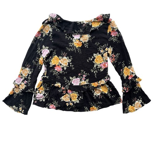 American Eagle Women M Black Yellow Pink Floral Long Ruffle Sleeve Peplum Blouse - Picture 2 of 19