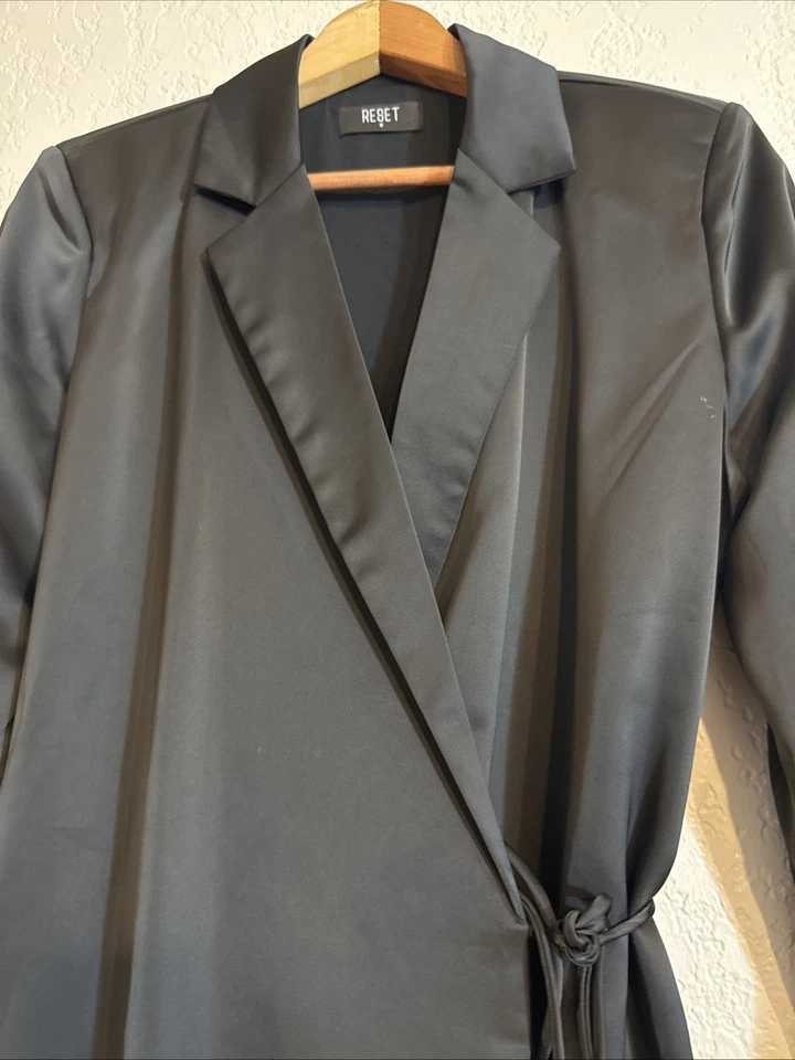 NWOT - RESET by Jane, Olly Dress Black Satin Wrap Tuxedo Dress/Jacket - Image 3 of 4