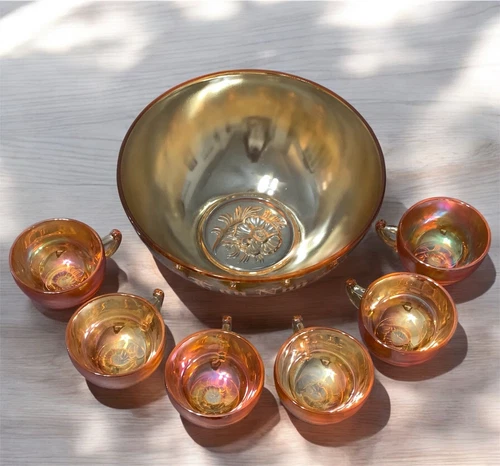 Vtg Jeannette Marigold Egg Nog Punch Bowl Set 6 Cups Carnival Glass Iridescent