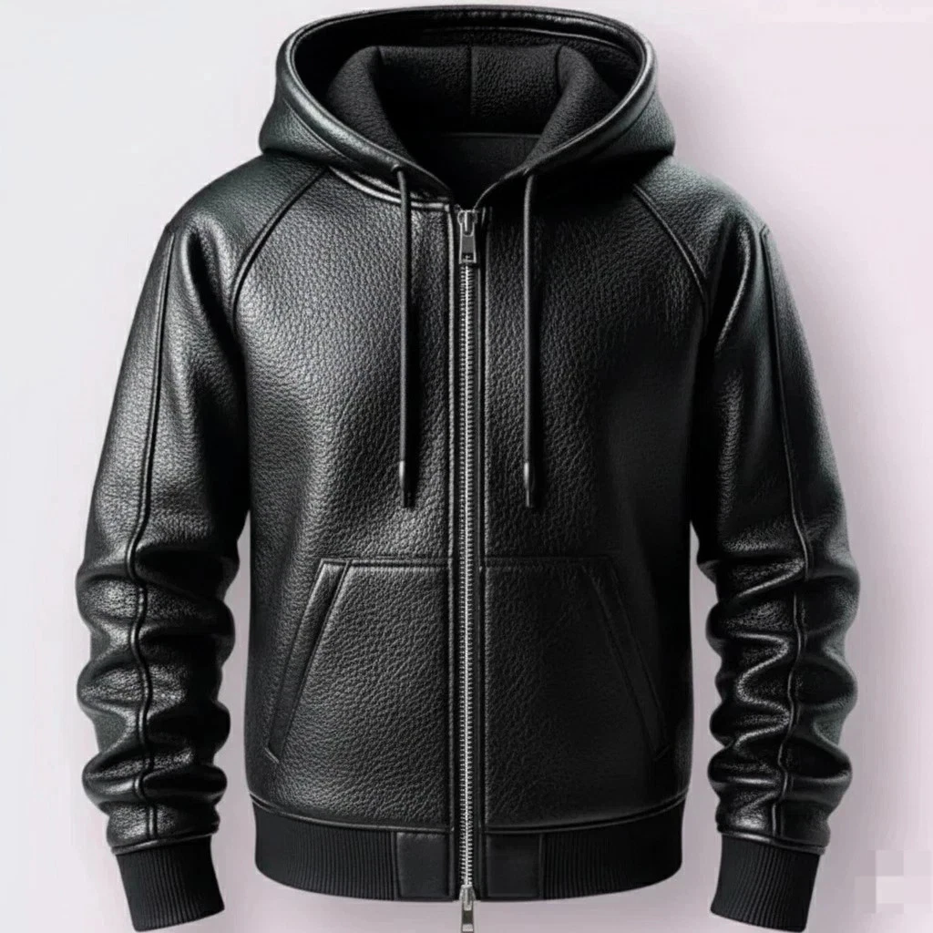 Men's Black Leather Handmade Zip Up Hoodie Jacket Casual Streetwear Biker Coat