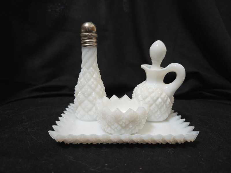 Antique Milk Glass Saw Tooth Condiment Set Depression Glass, Mini Rare