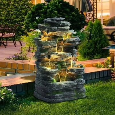 #ad #ad 7 Tier Cascading Rock Water Fountain Outdoor Freestanding Fountains with Lights $172.69