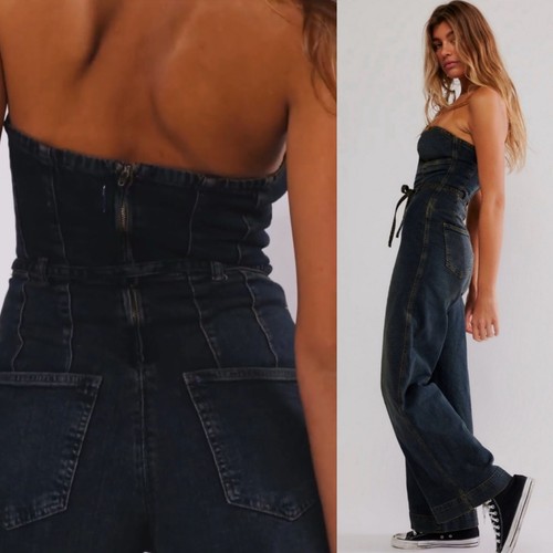 Free People jumpsuit one-piece denim strapless wide-leg cotton 0 - Picture 8 of 8