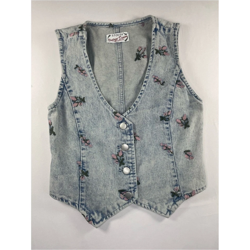 Stoosh Vintage Light Wash Denim Vest Pink Floral Embroidered Snap Front Size 26 - Image 2 of 4