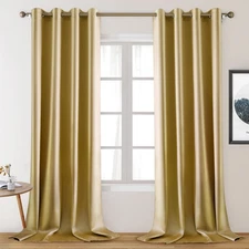 HOMEIDEAS 2 Panels Gold Faux Silk Blackout Curtains, 52 X 108 Inch Room Darke...