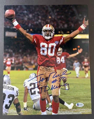 Jerry Rice Signed 11x14 Photo "TD King" Inscribed BAS Beckett Witnessed
