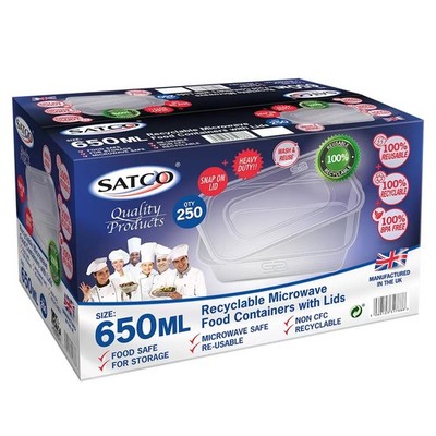 SATCO Kunststoff Lebensmittel zum Mitnehmen Verschluss Schnappdeckel Mikrowelle Behälter Packung 250 x 650 ml