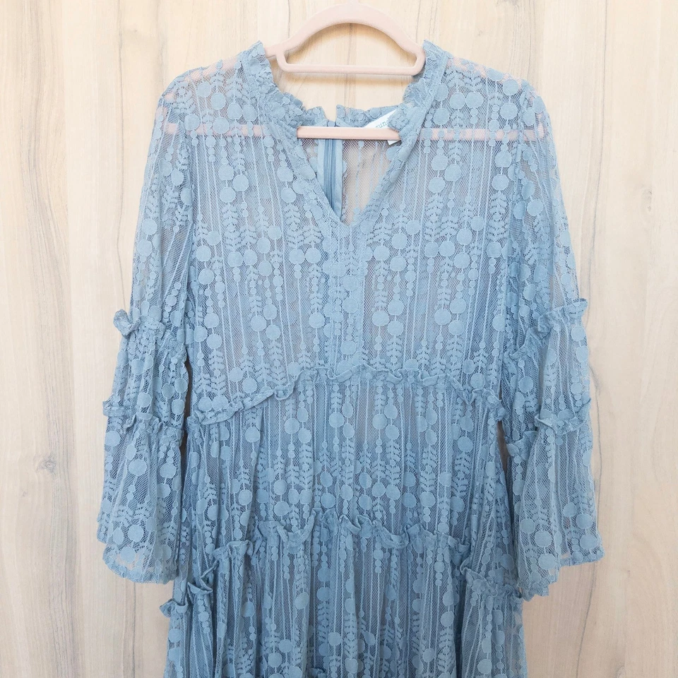 Vestido midi Sundance de encaje con volantes en capas talla LP azul boho hadas cabaña Shabby Chic Foto 2 de 4