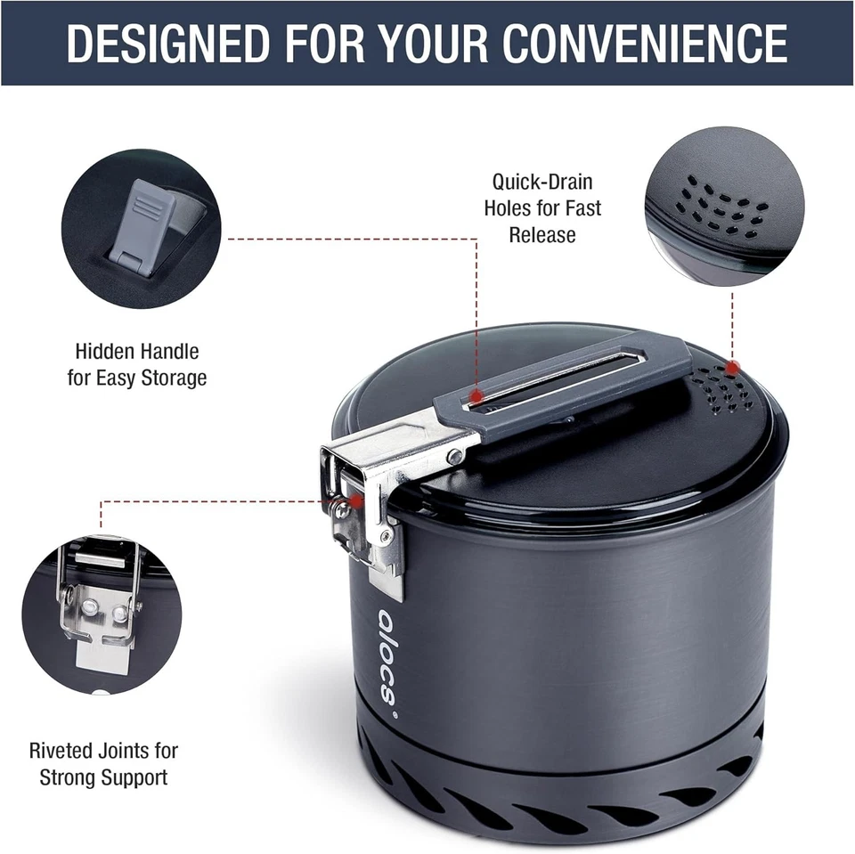 Olla de camping Alocs 1,4 L, utensilios de cocina ligeros para camping con intercambiador de calor, portátil Foto 4 de 4