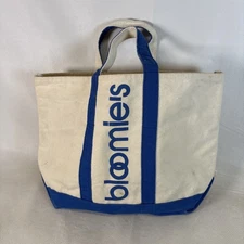 Vintage Bloomies Canvas Tote Bag Blue Trim Shopper Grocery Reusable Carryall