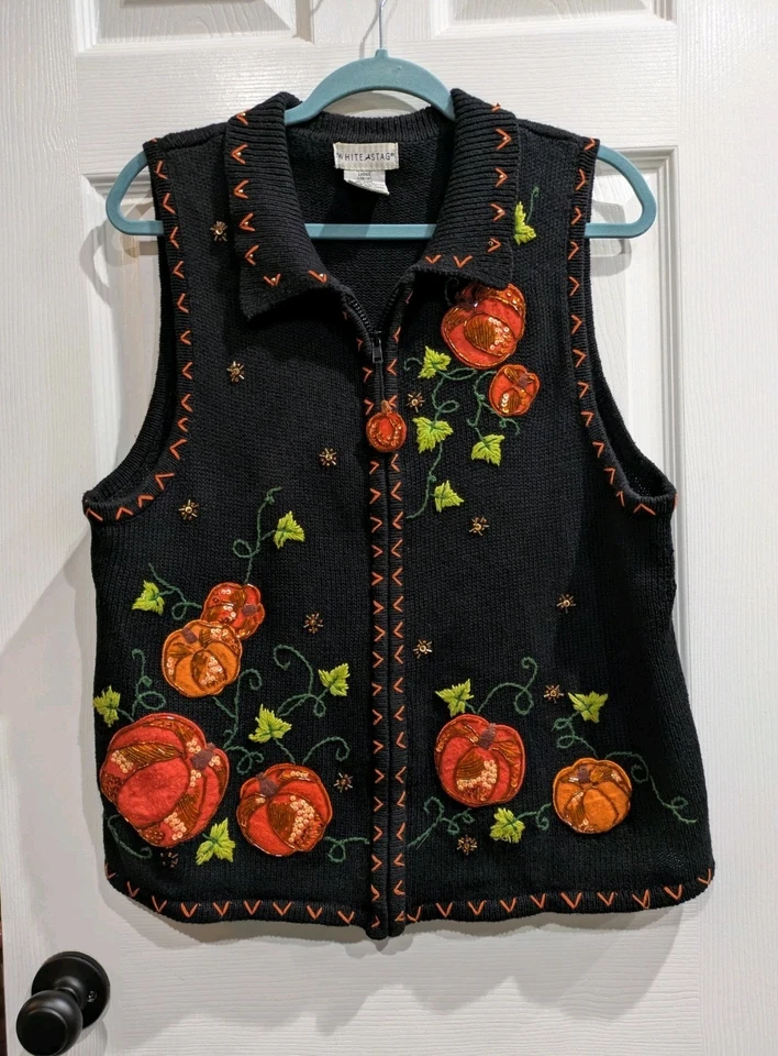 Chaleco Suéter Ciervo Blanco Mujer Calabaza Vid Cuentas Grandes Lentejuelas Adornado Cremallera Foto 3 de 4