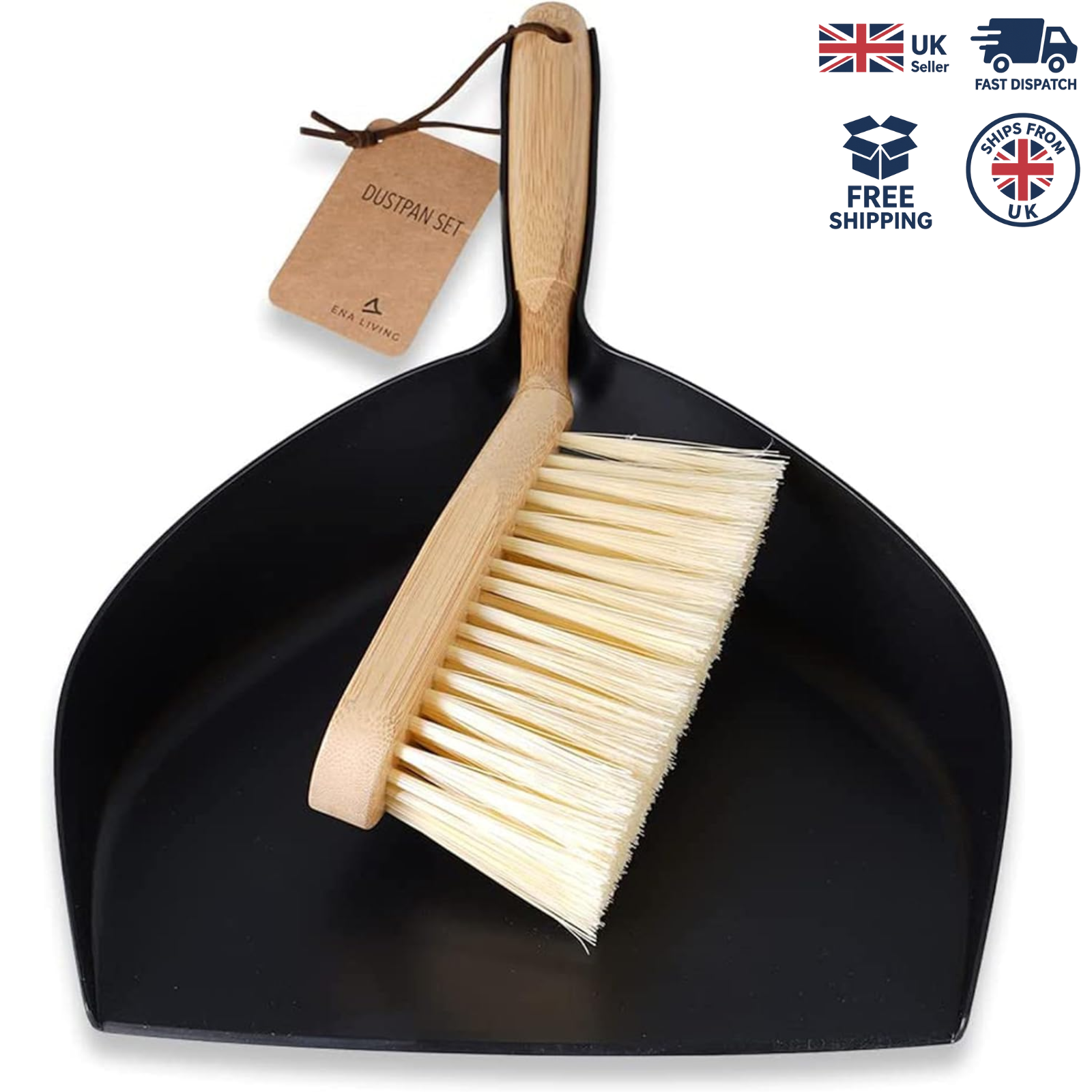ENA Living Bamboo Dust Pan and Brush Set, Eco-Labelled Dustpan and Brush