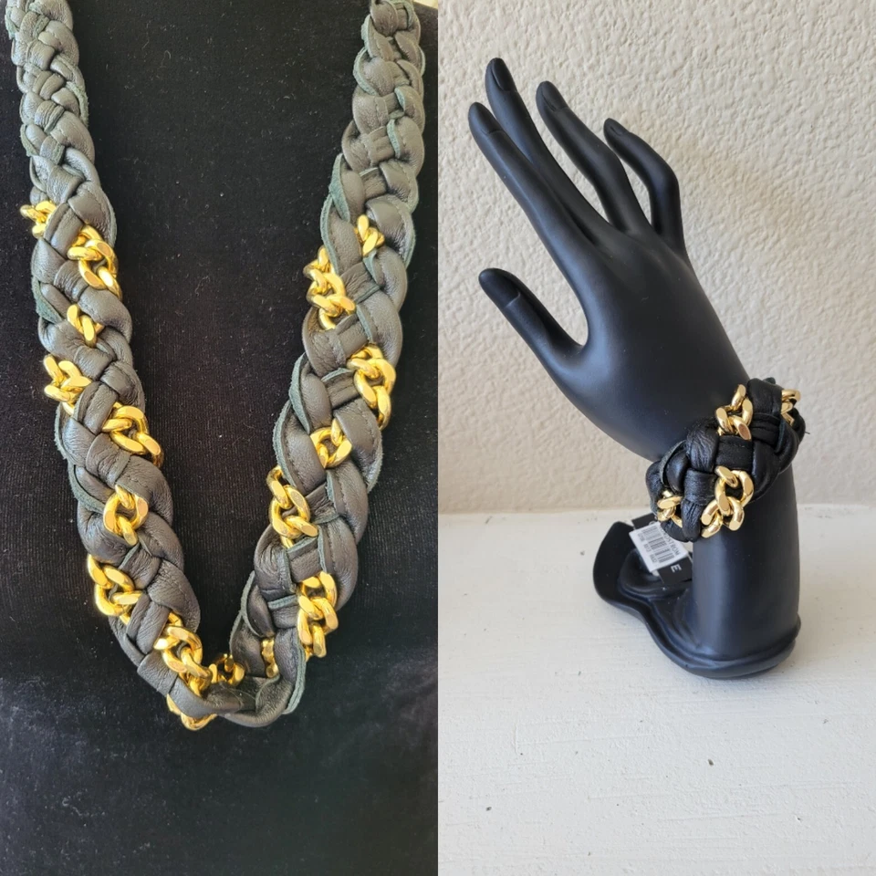 NUEVO CC Skye Trenzado Cuero Negro Dorado Grueso Cadena Collar y Pulsera Conjunto Nuevo con Etiquetas