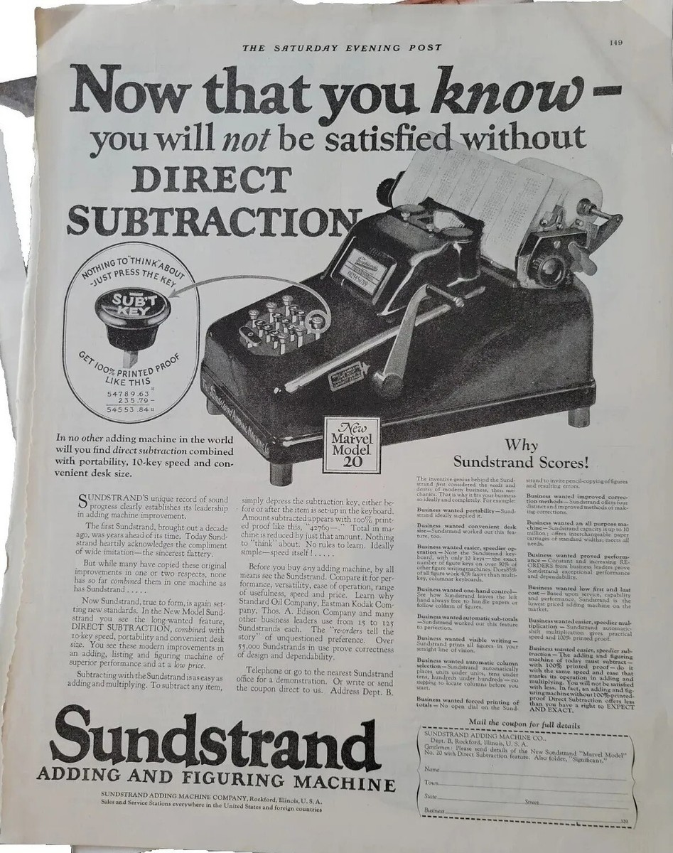 1924 Sundstrand adding Figuring machine Direct subtraction vintage 