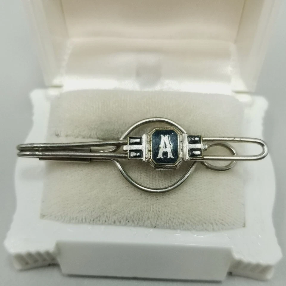 Vintage A Monogram Tie Clip Silver Tone Black Enamel Initial Letter - Image 4 of 4