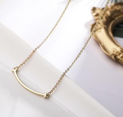 Double T Happy Face Titanium Stainless Steel Gold Pendant Chain Necklace