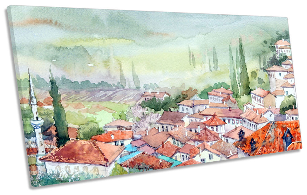 Mediterranean Village Landscape Framed PANORAMIC CANVAS Drucken Wand Kunst Mediterranean Village Landscape Framed PANORAMIC CANVAS Drucken Wand Kunst