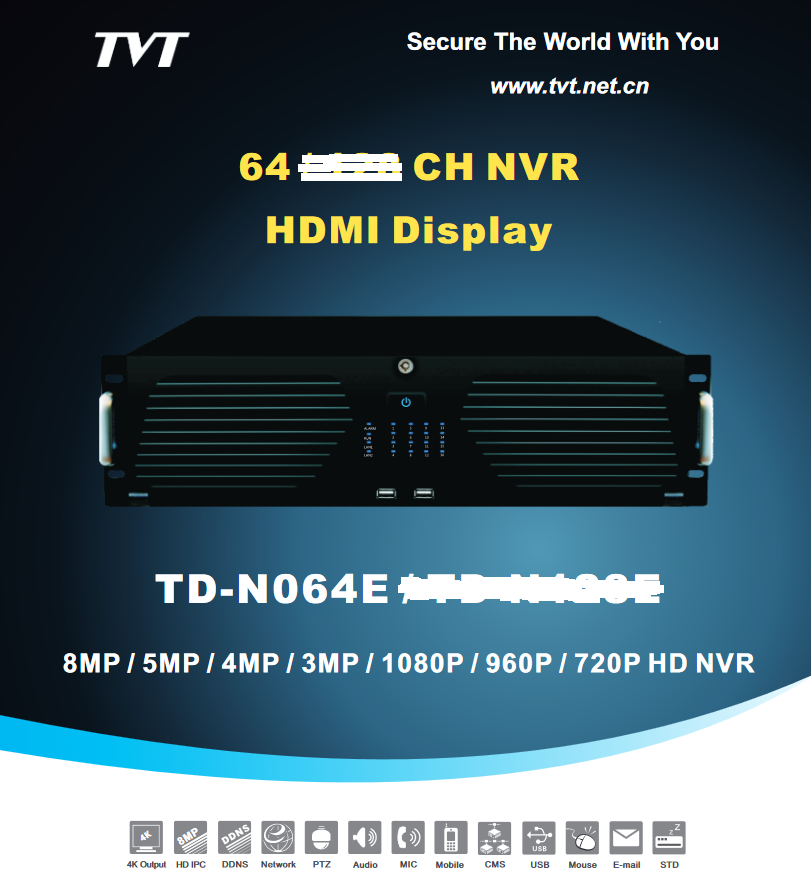 TVT 64CH 8MP NVR 16SATA Bays, 4K Output, Fitted 4TB HDD, TD-N064E