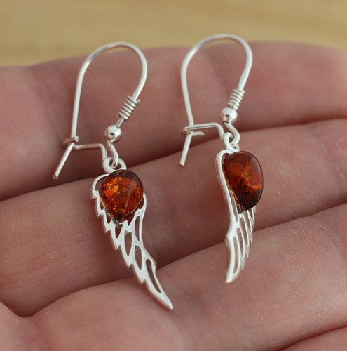 Cognac Baltic Amber 925 Sterling Silver Angel Wings Dangle/Drop Earrings - Picture 3 of 5