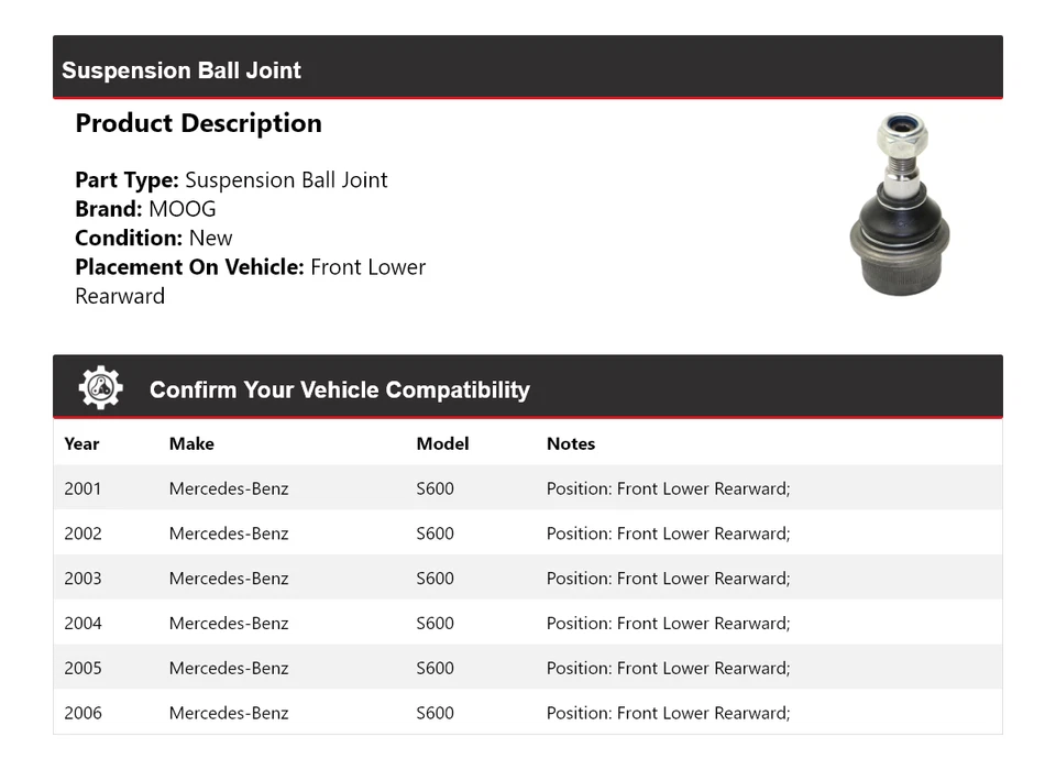 Rótula de suspensión delantera inferior trasera MOOG para Mercedes-Benz S600 2001-2006 Foto 2 de 4