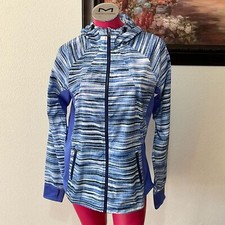 Marmot Windbreaker Striped Blue White Hooded Lightweight Running Jacket Large