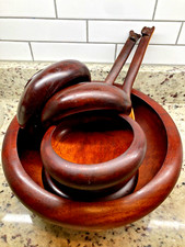 Vintage Hand Turned Round Walnut Wood Bowls  Large Salad Bowl with Servers Set