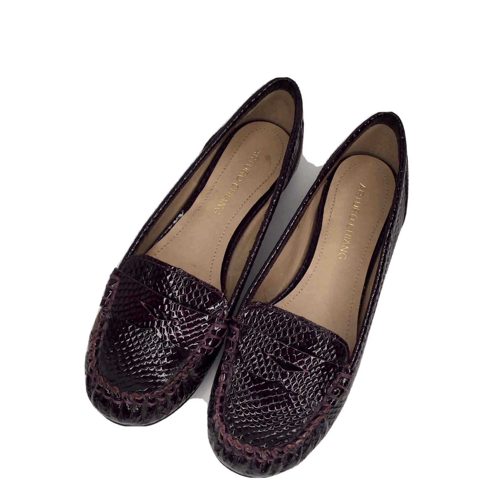 Arturo Chiang Size 7.5 Leather Upper Penny Loafers Dark Purple  Patented Leather