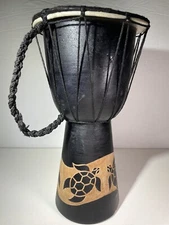 VTG Tribal Bongo Drum Hand Made Turtle Carved Wood 11.5" Tall x 6" Wide Black