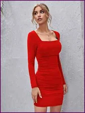 Long Sleeve Sexy Square Collar Bodycon Mini Dress Women Red Sheath Pleated