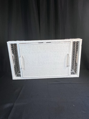 Vintage White Wicker Bed Breakfast Tray Table Magazine Pockets Removable Tray - Picture 7 of 16