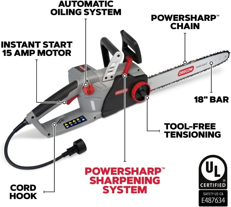 Oregon CS1500 18" 15A Electric Chainsaw PowerSharp Self-Sharpening Corded Saw - Image 3 of 4