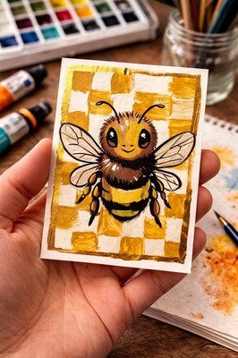 ACEO Print art Cute Bumblebee  2.5x3.5 Kawaii Bee Gold Checkered Aesthetic