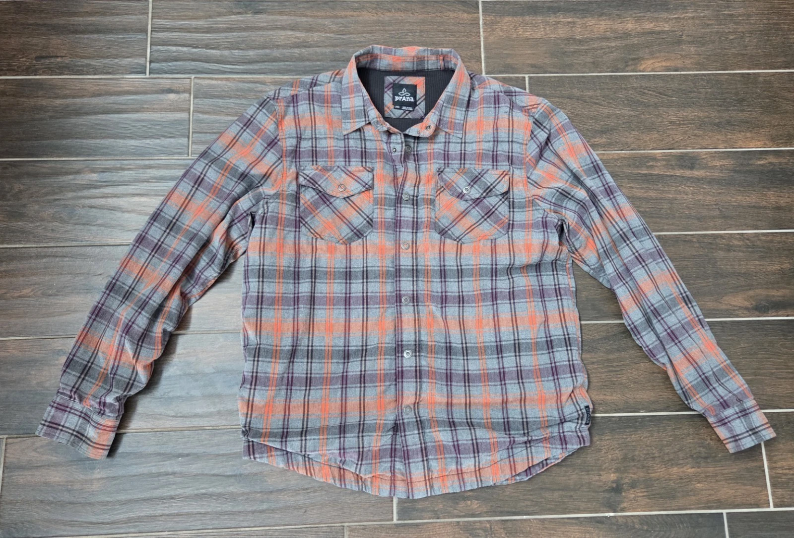 prAna Mens Medium Plaid 100% Cotton Flannel Asylum Thermal Lined Snap Button