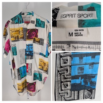 Esprit Sport Shirt Men M Vintage 80s Rayon Abstract Art Novelty Print Singapore