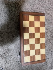 Beautiful wooden chess/checker board box 7x14 hinged opens to 14x14, 3" deep EXC