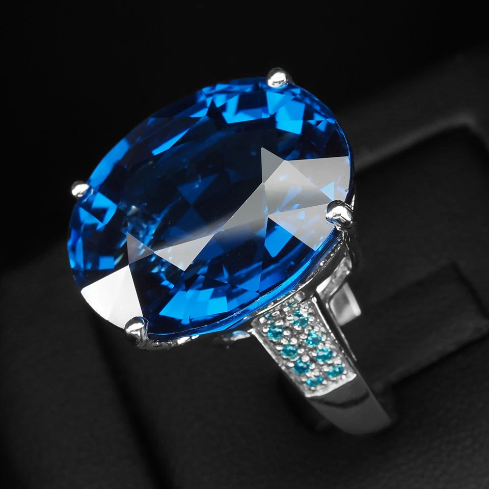 Sparkling Intense Blue Topaz 27.30Ct 925 Sterling Silver White Gold Plated Rings - Image 4 of 4