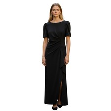 Xscape Evenings "Demi" Scuba Short Sleeve Side Ruched Gown, Black, Size 12