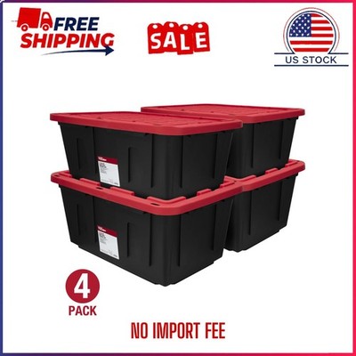 (4 Pack) Hyper Tough 27 Gallon Storage Bin Snap Lid Heavy Duty Plastic Black Red