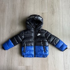 Nike Kids Just Do It Hooded Puffer Jacket Black Blue Size 2T Full Zip Pockets