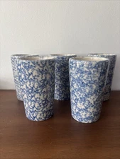 5 Vintage Roseville Spongeware Pottery Workshop Gerald Henn Blue Drink Tumblers