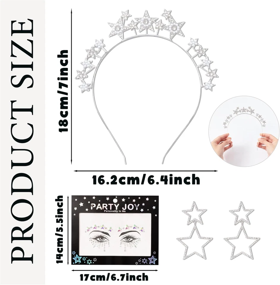 Cerchietto per Capelli in Argento, Con Stelle E Strass, per Carnevale, Compleann - Immagine 2 di 4