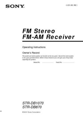 Sony STR-DB870 Amplifier / Receiver Owners Instruction Manual